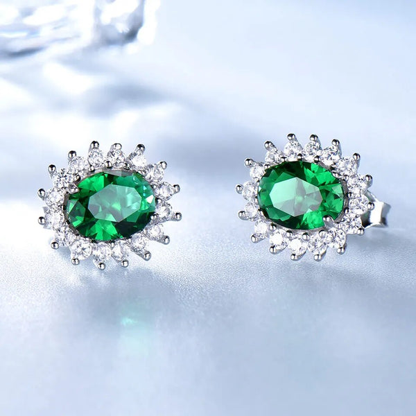 925 Sterling Silver Created Emerald Stud Earrings For Women