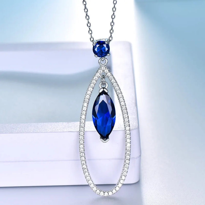 Sterling Silver Blue Sapphire Pendant and Drop Earrings Set for Women