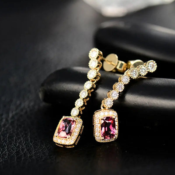 18K Yellow Gold Natural Pink Tourmaline Cushion Cut Earrings for Women