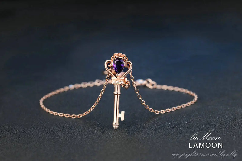 925 Sterling Silver Rose Gold Plated Teardrop Amethyst Charm Bracelet for Women