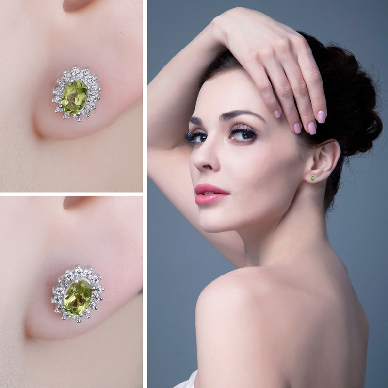 Sterling Silver Peridot Halo Stud Earrings for Woman