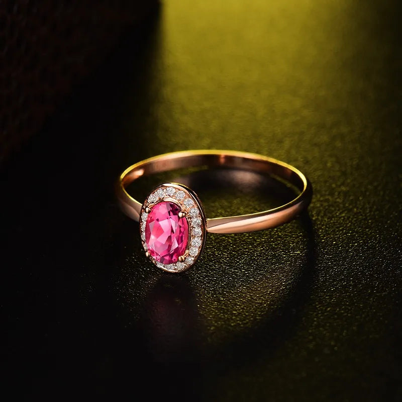 14K Rose Gold Natural Pink Tourmaline & Diamond Ring for Women