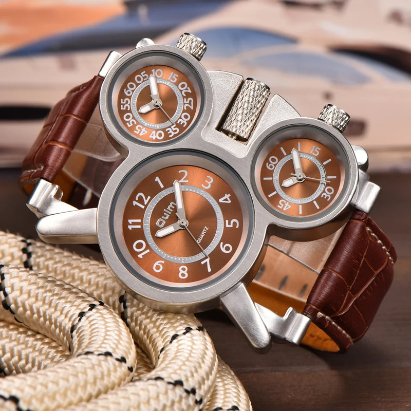 Luxury Fashion Brown Quartz Watch with Three Small Dials & Leather Strap for Men