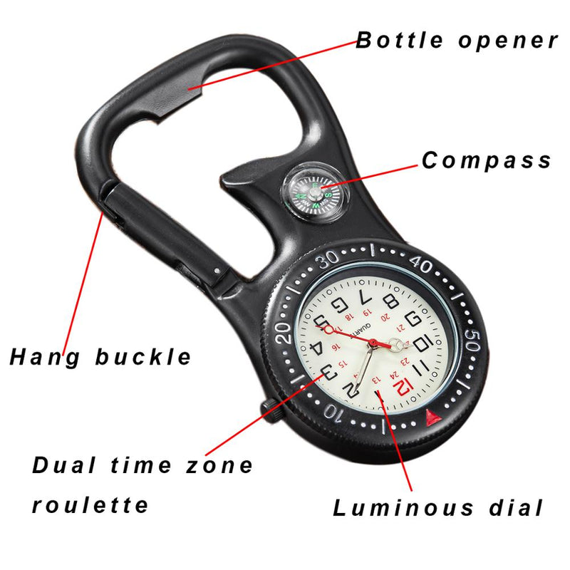 Stainless Steel Pocket Watch with Clip-On Carabiner, Compass, Bottle Opener and Luminous Dial for Men