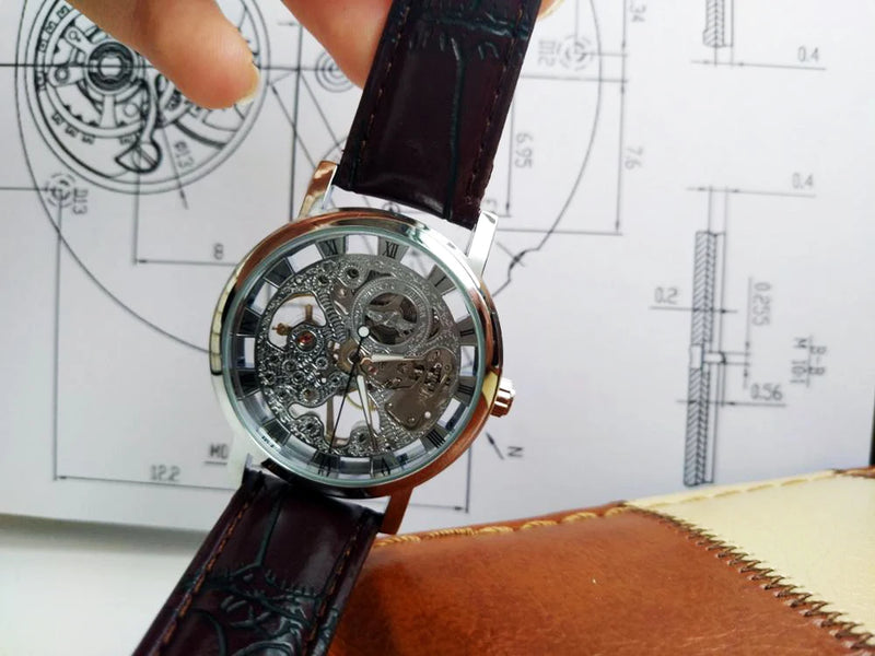 Transparent Leather Strap Skeleton Watch for Men