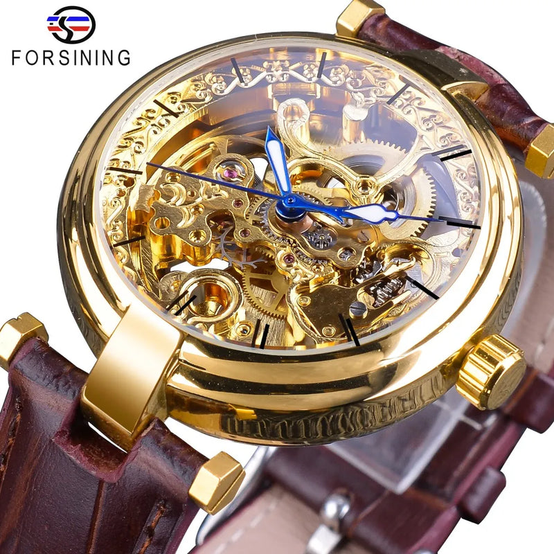 Gold Mens Automatic Watch with Brown Leather Strap and Luminous Hands