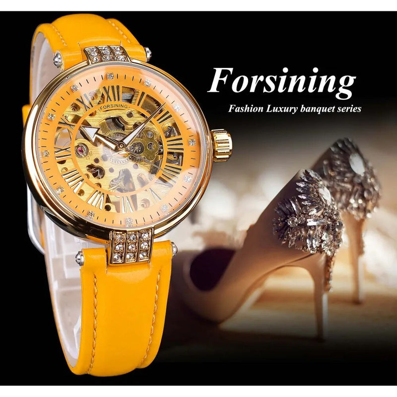 Yellow Gold Genuine Leather Ladies Skeleton Mechanical Wristwatch