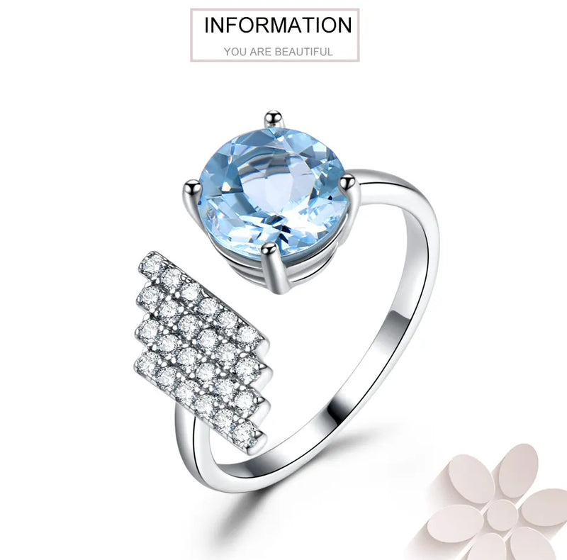 925 Sterling Silver Sky Blue Topaz Adjustable Ring for Women