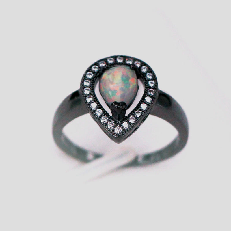 Black Gun Plated White Opal Ring for Women