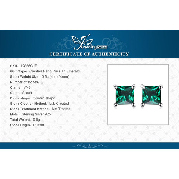 Sterling Silver Simulated Nano Green Emerald Stud Earrings for Women.