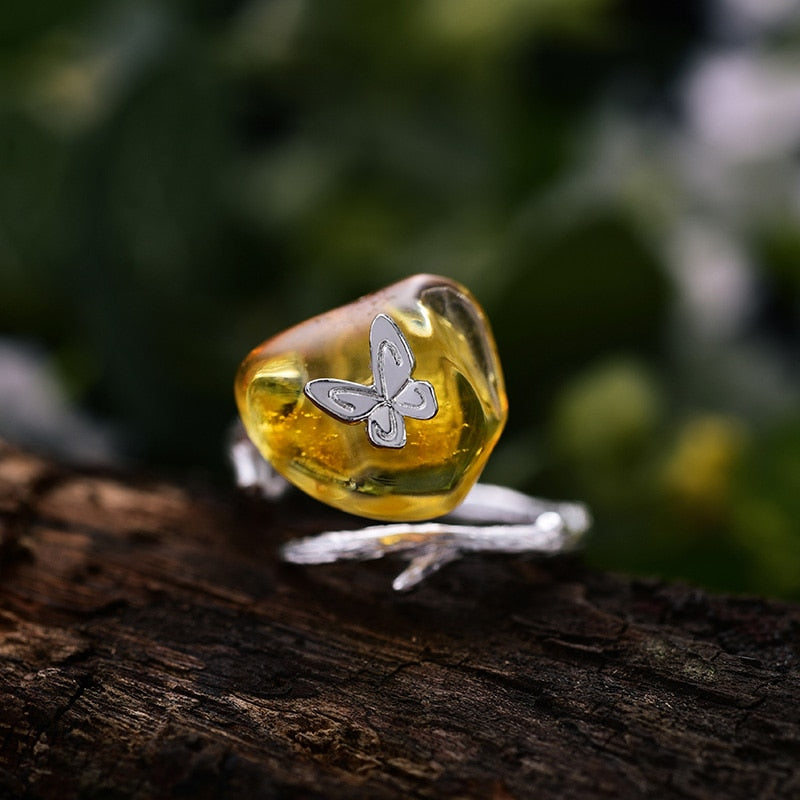 925 Sterling Silver Natural Amber Butterfly Rings for Women