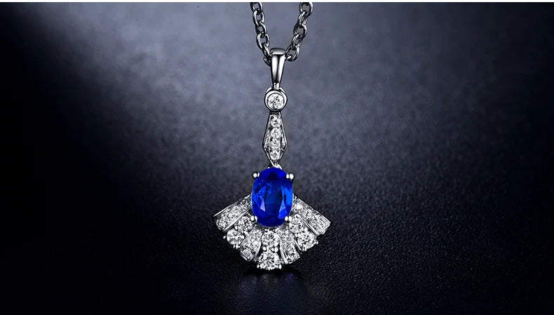 14K White Gold Oval Blue Sapphire Pendant Necklace for Women