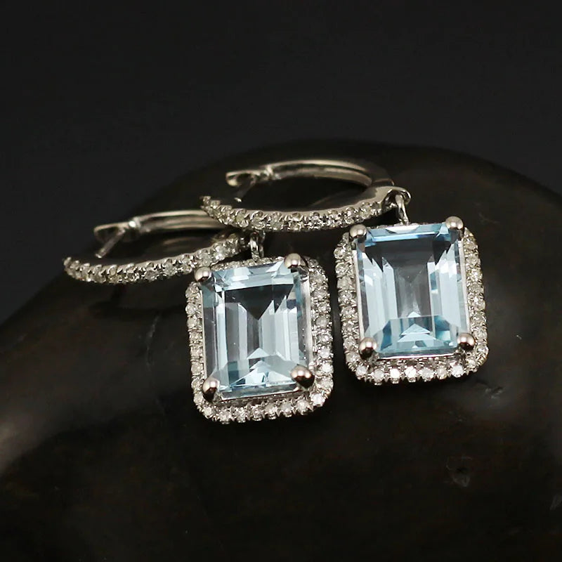 14K White Gold Light Blue Topaz Diamond Earrings for Women