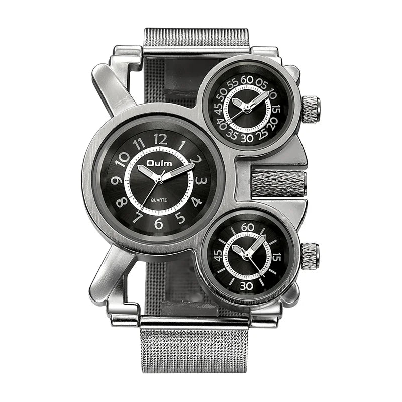 Stainless Steel Mesh Watch with Three Time Zone Display for Men