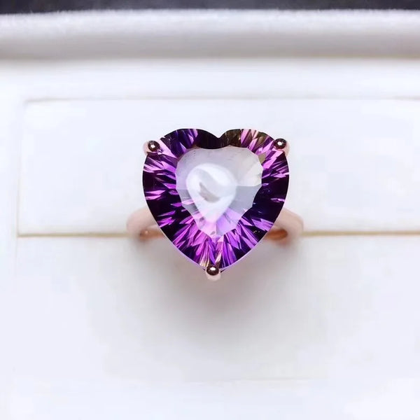 925 Silver Natural Amethyst Heart-Shaped Ring for Lady