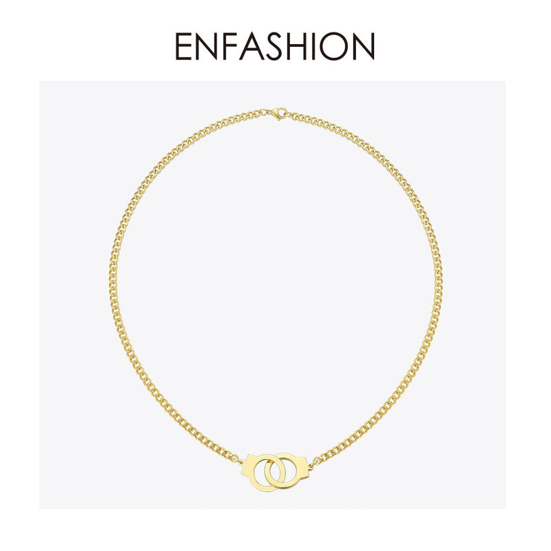 ENFASHION Punk Handcuffs Pendant Necklace Choker For Women Stainless Steel Link Chain Necklace Fashion Femme Jewelry Gifts P3013