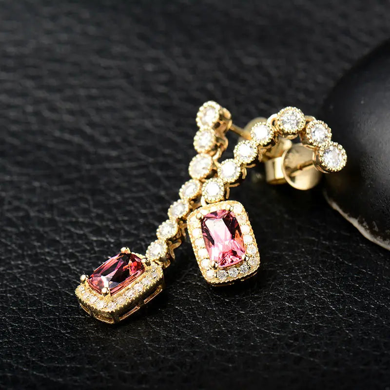 18K Yellow Gold Natural Pink Tourmaline Cushion Cut Earrings for Women