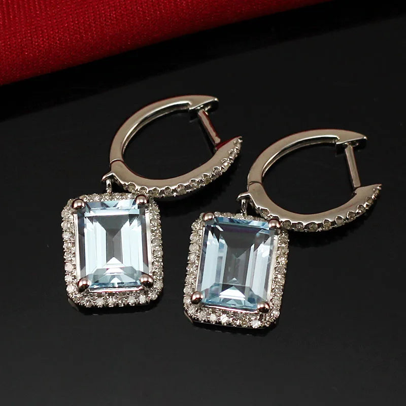 14K White Gold Light Blue Topaz Diamond Earrings for Women