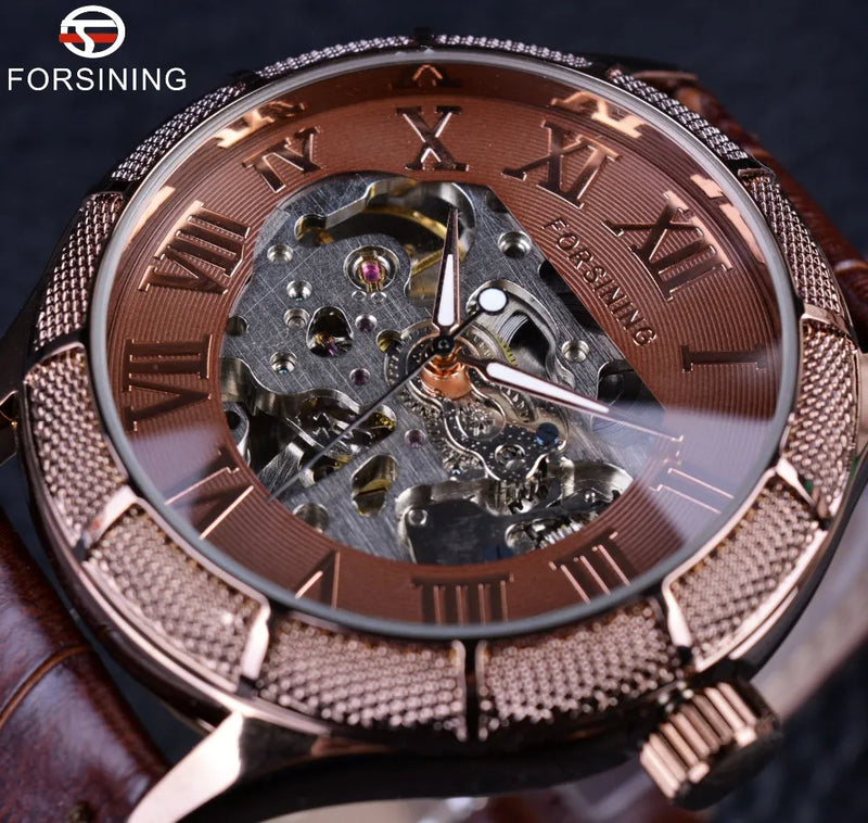 Transparent Skeleton Mechanical Watch with Roman Numerals for Men