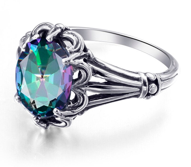 925 Sterling Silver Rainbow Topaz Crystal Ring for Women