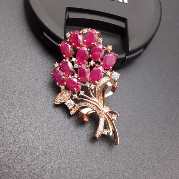 925 Silver Dual-Use Ruby Brooch, with Precious Natural Ruby Stone, Size can be Used as a Pendant