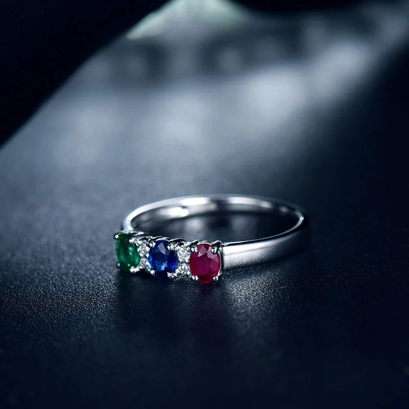 14K White Gold Sapphire, Ruby, Emerald & Diamond Ring for Women