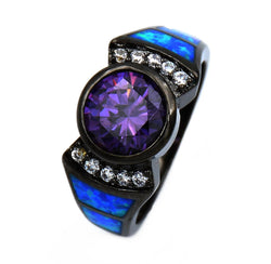 10k Black Gold Filled Purple Crystal and Blue Opal Rings for Women