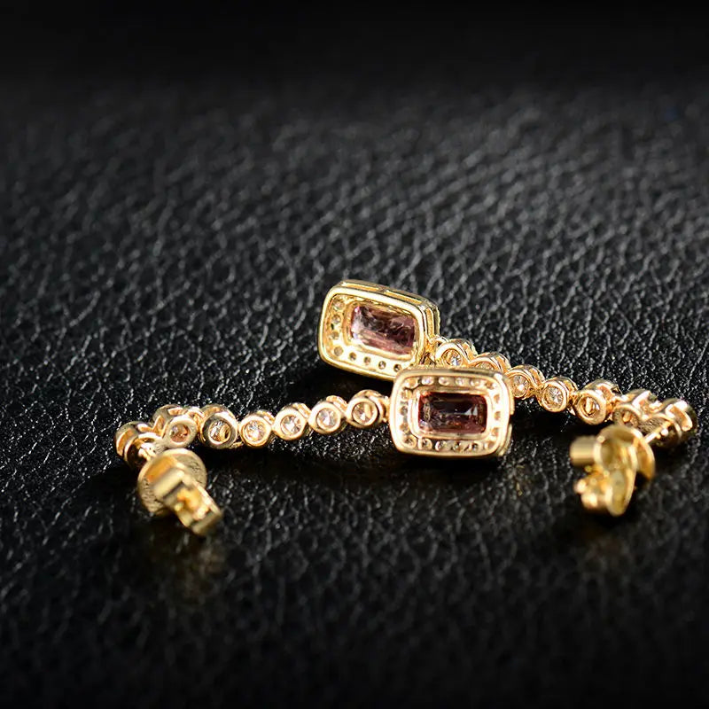 18K Yellow Gold Natural Pink Tourmaline Cushion Cut Earrings for Women