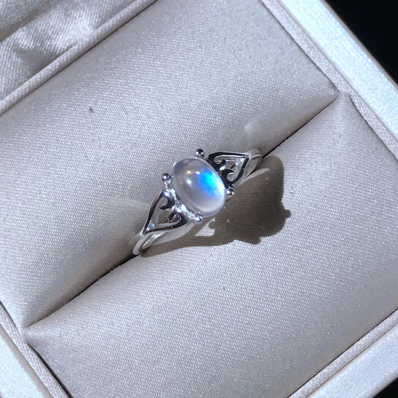 Sterling Silver Moonstone Ring with Intense Blue Light, Simple Design for Lady