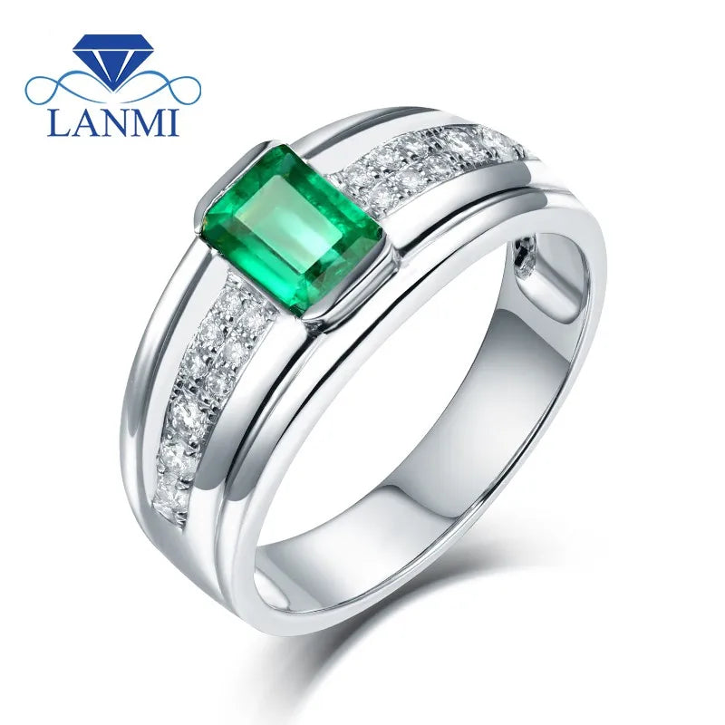 14K White Gold Emerald Diamond Engagement Ring for Men