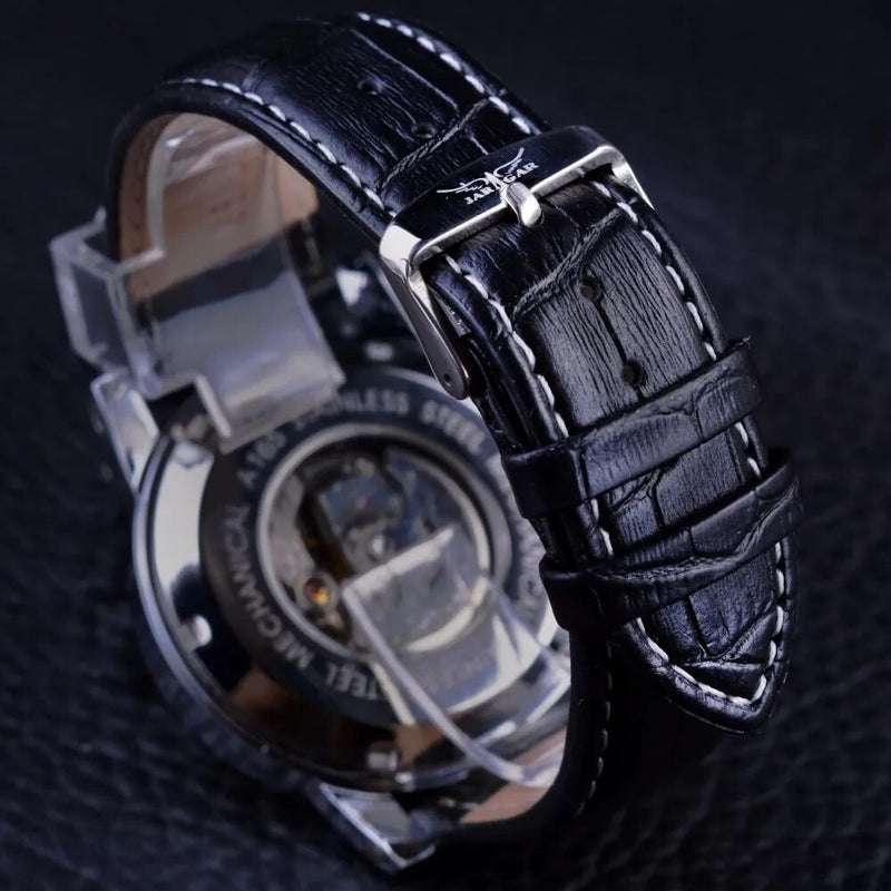 Silver Case Automatic Watch with Genuine Leather Strap for Men