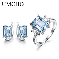 Sterling Silver Sky Blue Topaz Ring and Earrings Set for Women