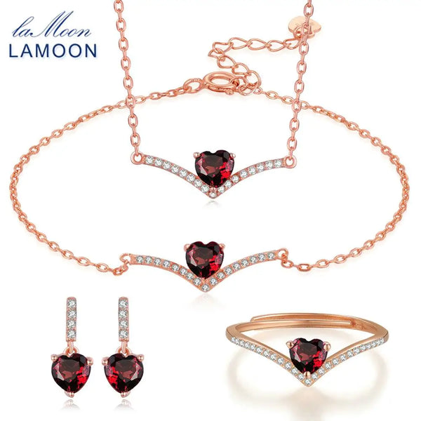 Sterling Silver 925 Red Garnet Heart Pendant Necklace Set For Women