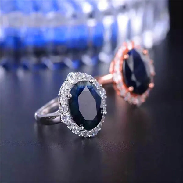 Sterling Silver Dark Blue Sapphire Ring 10x12mm For Women