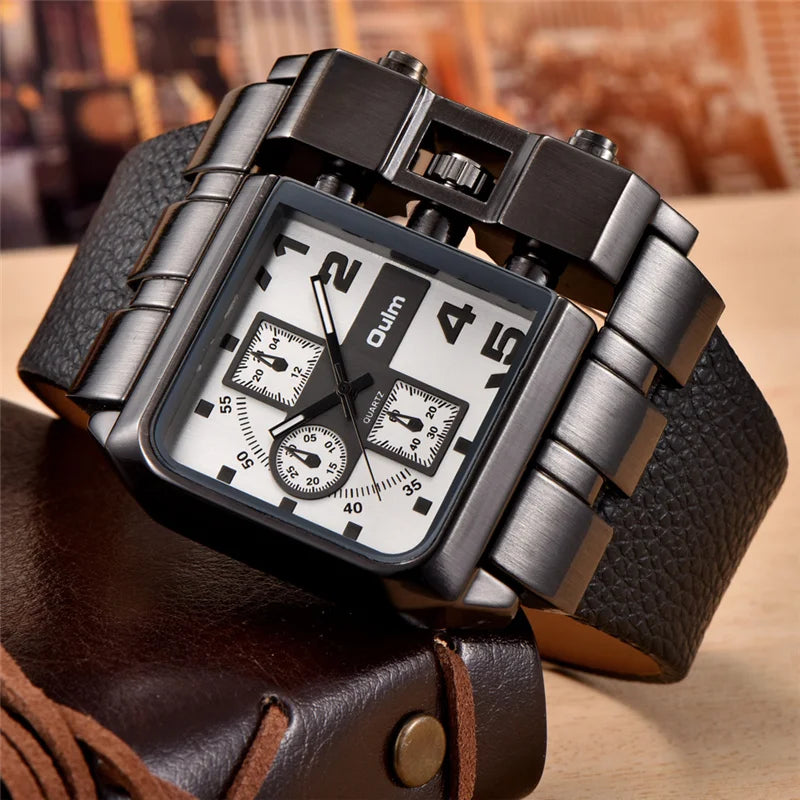 Unique Design Square Men's Wristwatch with Wide Dial and Leather Strap