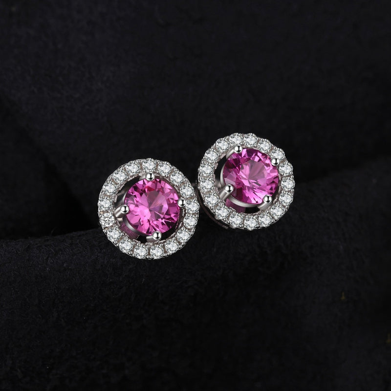 925 Sterling Silver Round Created Pink Sapphire 1.30 ctw Stud Earrings for Women