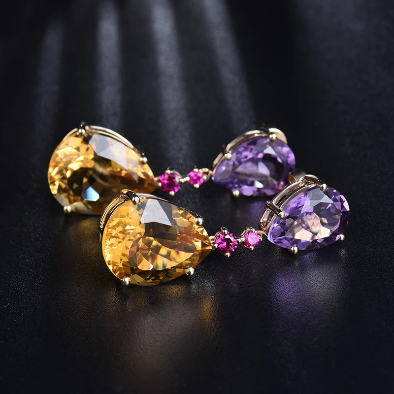 14K Yellow Gold Amethyst and Citrine Pear Drop Earrings for Women