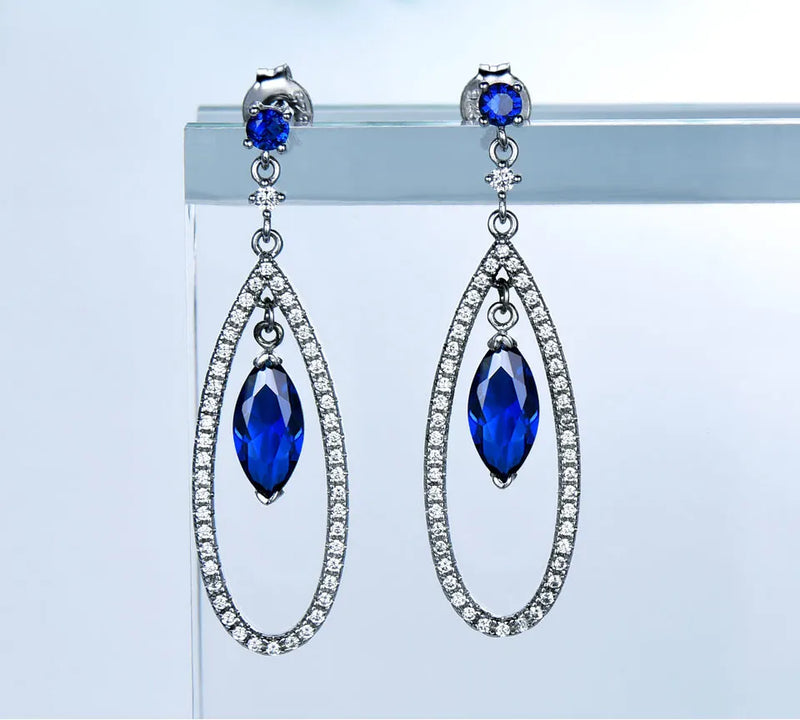 Sterling Silver Blue Sapphire Pendant and Drop Earrings Set for Women