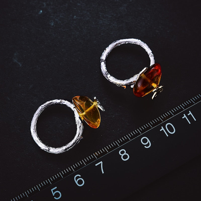 925 Sterling Silver Natural Amber Butterfly Rings for Women