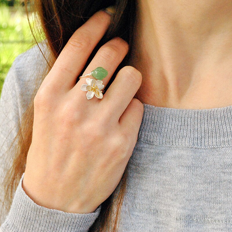 Sterling Silver Aventurine Flower Ring for Women