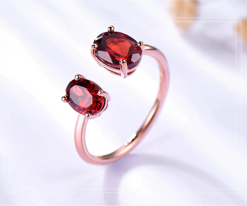 Sterling Silver Rose Gold Plated Oval Double Garnet Ring for Women