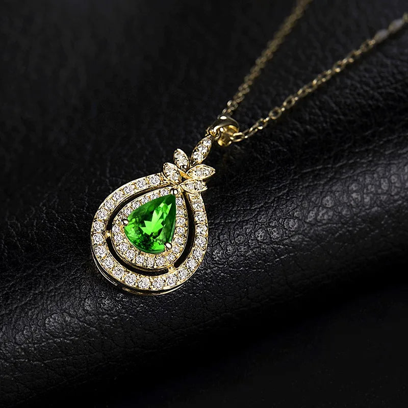 14K Yellow Gold Tsavorite Pendant with Diamonds Necklace for Women