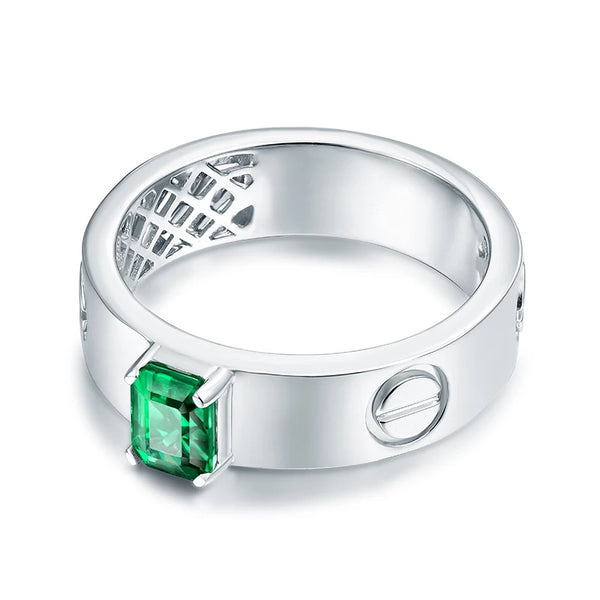 Solid 14K White Gold Green Colombian Emerald Diamond Ring for Men