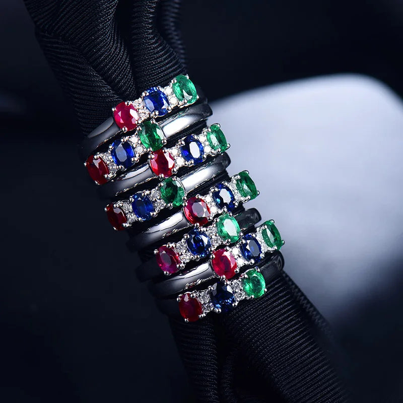 14K White Gold Sapphire, Ruby, Emerald & Diamond Ring for Women