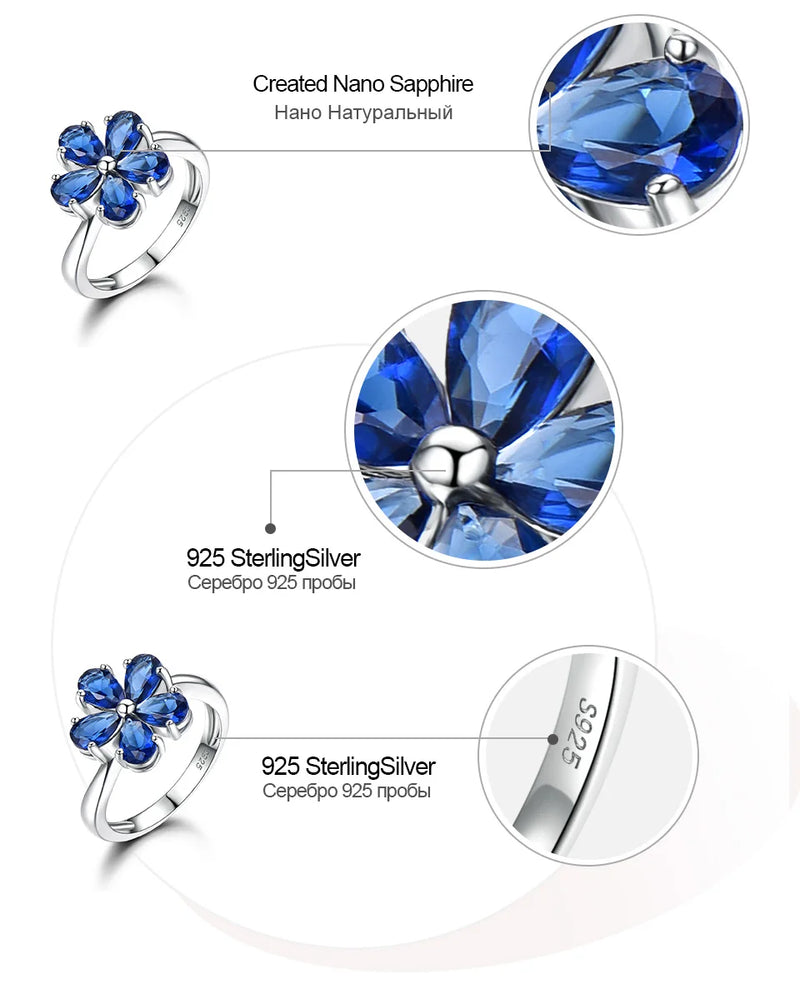 925 Sterling Silver Blue Sapphire Flower Ring for Women