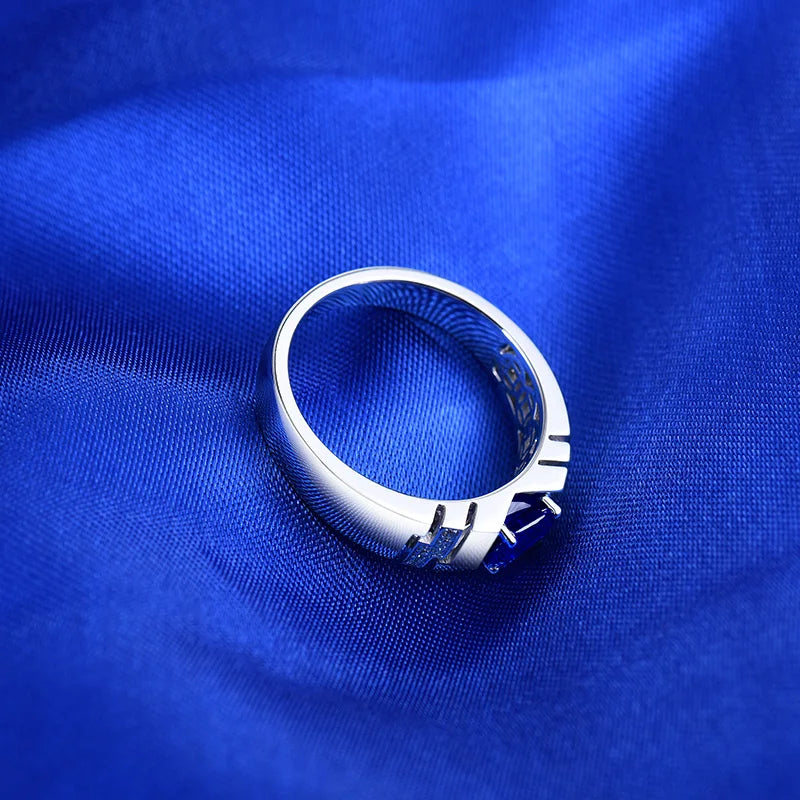 14K White Gold Blue Sapphire Ring for Men