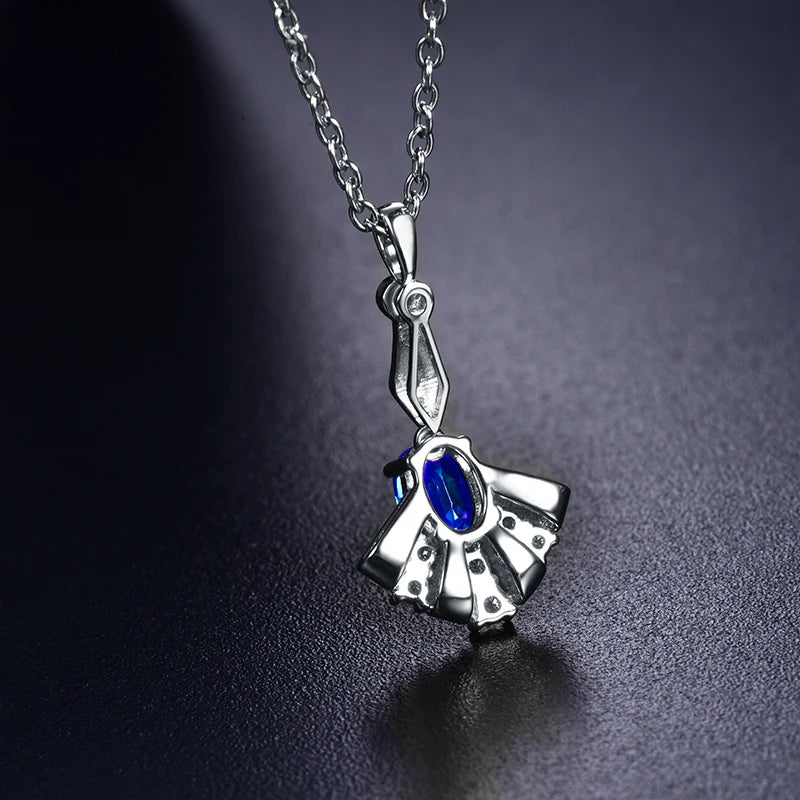 14K White Gold Oval Blue Sapphire Pendant Necklace for Women