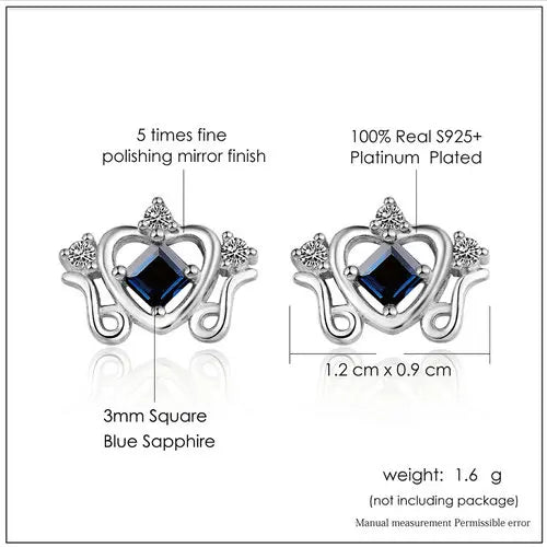 925 Sterling Silver Princess 0.2ctw Cut Sapphire Stud Earrings for Women