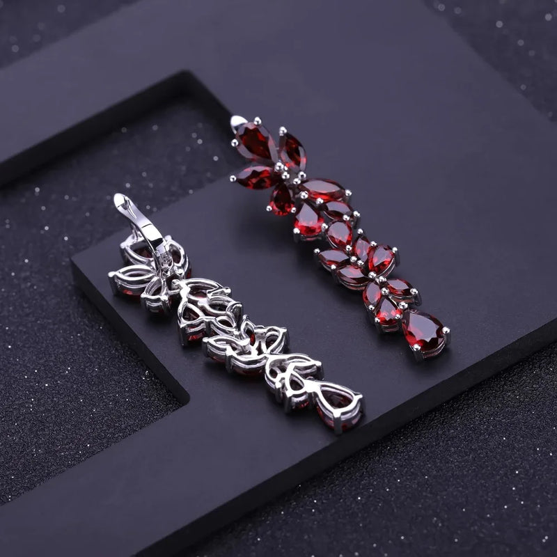 925 Sterling Silver Natural Garnet Leaves Branches Earrings for Women