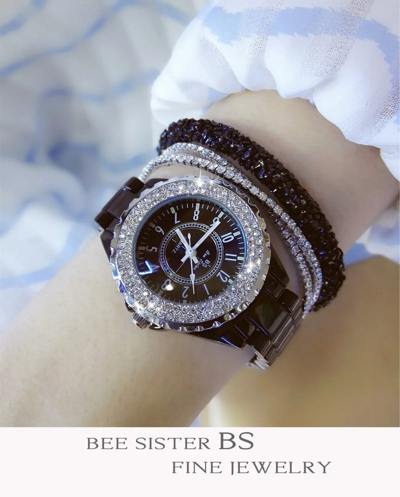 New Luxury Women Watches White Imitation Ceramic Diamond Watch Ladies Female Gift Relogios Femininos Fashion Resin Quartz  Clock